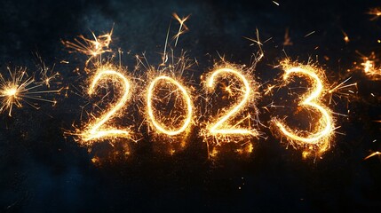 Sparkling new year 2023 celebration with sparkler numbers.