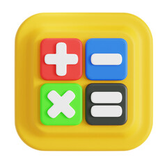 Obraz premium Colorful 3D Cartoon Calculator App Icon Addition Subtraction Multiplication Division