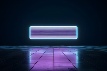 A glowing neon rectangle with a vibrant purple and blue gradient floats above a reflective floor