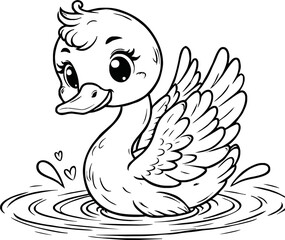  swan line art cartoon illustration floating calmly on water. Ideal for coloring pages, educational materials, and nature-themed designs.