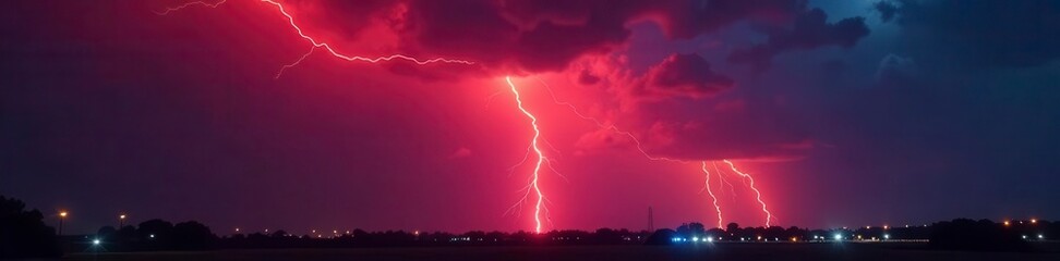 Fiery red electrical discharge slashes across midnight sky , atmospheric, violent, night