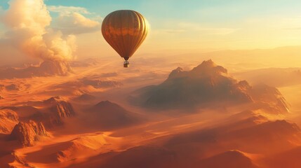 Obraz premium Golden hot air balloon above a desert landscape at sunrise.