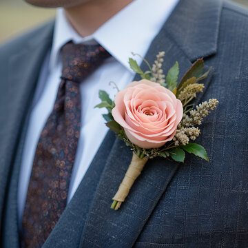 A close up of the grooms buttonhole flower on his wedding day