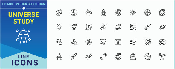 Universe Study icon set. Pictograms of universe, space, eclipse, galaxy, cosmos, constellation, planet and more. Cosmology linear icon set. Modern icons collection. Pictogram and infographic. © Rubbble