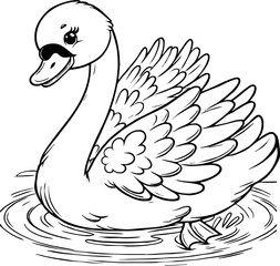  swan line art cartoon illustration floating calmly on water. Ideal for coloring pages, educational materials, and nature-themed designs.