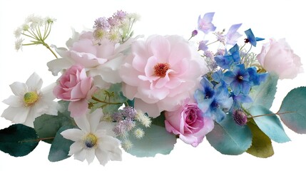 Fototapeta premium Vintage watercolor bouquet of pink and blue flowers, evoking timeless elegance and delicate charm 