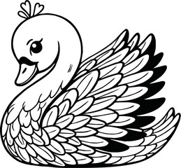  swan line art cartoon illustration floating calmly on water. Ideal for coloring pages, educational materials, and nature-themed designs.