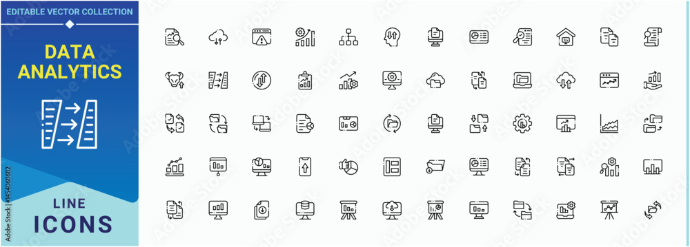 Poster data analytics linear icon collection. minimalist editable vector stroke. included information, comp
