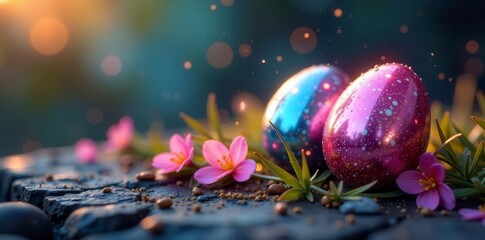 Sparkling Easter eggs, multi-hued glossy finish , shimmer, decoration, close up