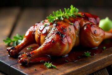Succulent roast duck, glistening skin, on aged wood, healthy, Christmas, appetizer