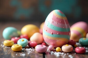 Swirled pastel egg amidst scattered sweets, rustic backdrop, easter, photography, egg