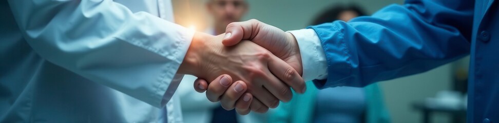 Two hands in a firm handshake, medical setting, medical, deal