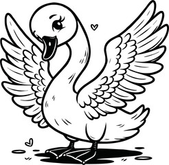  swan line art cartoon illustration floating calmly on water. Ideal for coloring pages, educational materials, and nature-themed designs.