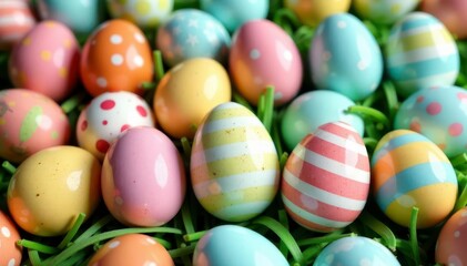 Variety of speckled & striped eggs, whimsical style, vector, happy