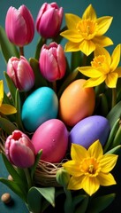 Vibrant dyed eggs nestled amongst tulips and daffodils , daffodils, spring time, easter backdrop