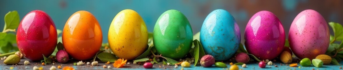 Vibrant rainbow Easter eggs arranged on a painter's palette , background, graphic, holiday