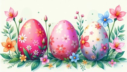 Watercolor Easter eggs in pastel hues, floral spring design, vibrant, flower, spring