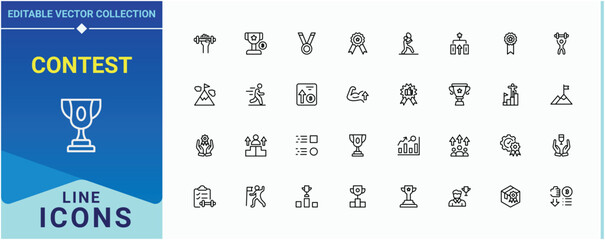Contest icon set. Pack of sports, champ, rival, sport, trophy and more. Competition line icon set. Modern vector illustration. Vector collections.