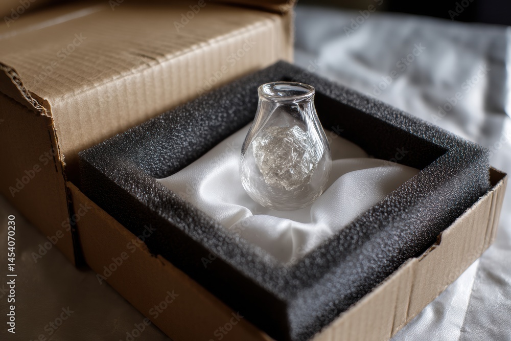 Aufkleber Fragile Glass Object Securely Packaged in Foam for Safe Transport and Storage in a Cardboard Box Generative AI