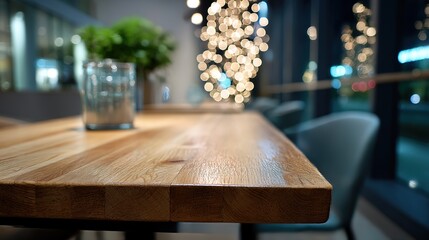 Minimalist wooden table with soft abstract bokeh, warm and inviting ambiance
