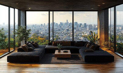 Fototapeta premium Modern living room with panoramic city views.