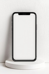 A blank smartphone on a minimalist stand against a clean background for digital use.