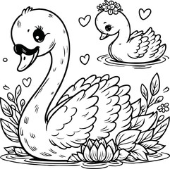  swan line art cartoon illustration floating calmly on water. Ideal for coloring pages, educational materials, and nature-themed designs.
