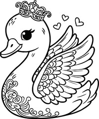  swan line art cartoon illustration floating calmly on water. Ideal for coloring pages, educational materials, and nature-themed designs.