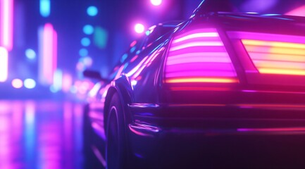 Retro neon car taillight in futuristic city night. Synthwave aesthetic cityscape with glowing lights. Cyberpunk urban scene for game or film background. 80s style.