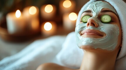 A rejuvenating spa experience showcasing a facial mask and soothing candlelight. This image encapsulates relaxation, self-care, and the tranquility of indulging in personal wellness rituals.