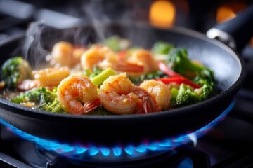 Cooking Shrimp and Broccoli Stir Fry in a Hot Pan on Stove