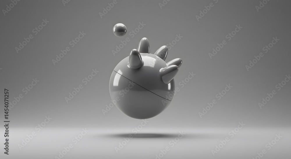 Poster abstract 3d rendering grey sphere with protrusions and small sphere: minimalist design concept