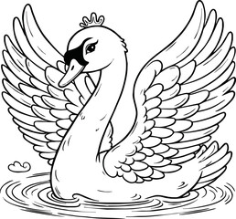  swan line art cartoon illustration floating calmly on water. Ideal for coloring pages, educational materials, and nature-themed designs.