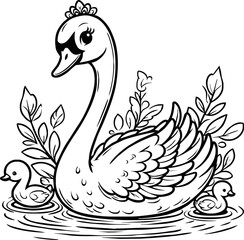  swan line art cartoon illustration floating calmly on water. Ideal for coloring pages, educational materials, and nature-themed designs.