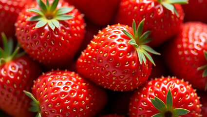 Ultra close-up of fresh strawberries with water droplets, vibrant red tones, detailed texture of seeds and surface, natural sunlight, no blurry edges, no cut-off parts, full strawberries visible 