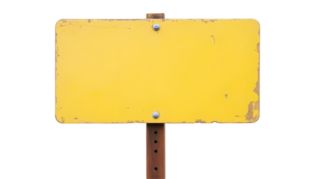blank yellow old sign isolated on white or transparent png, Empty direction or advertising banner ad message with vintage metal panel board