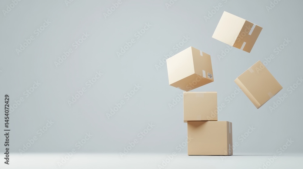Aufkleber Four cardboard boxes floating and levitating in an empty room with a gray background and a white floor, creating a surreal and intriguing scene related to shipping, delivery, and logistics