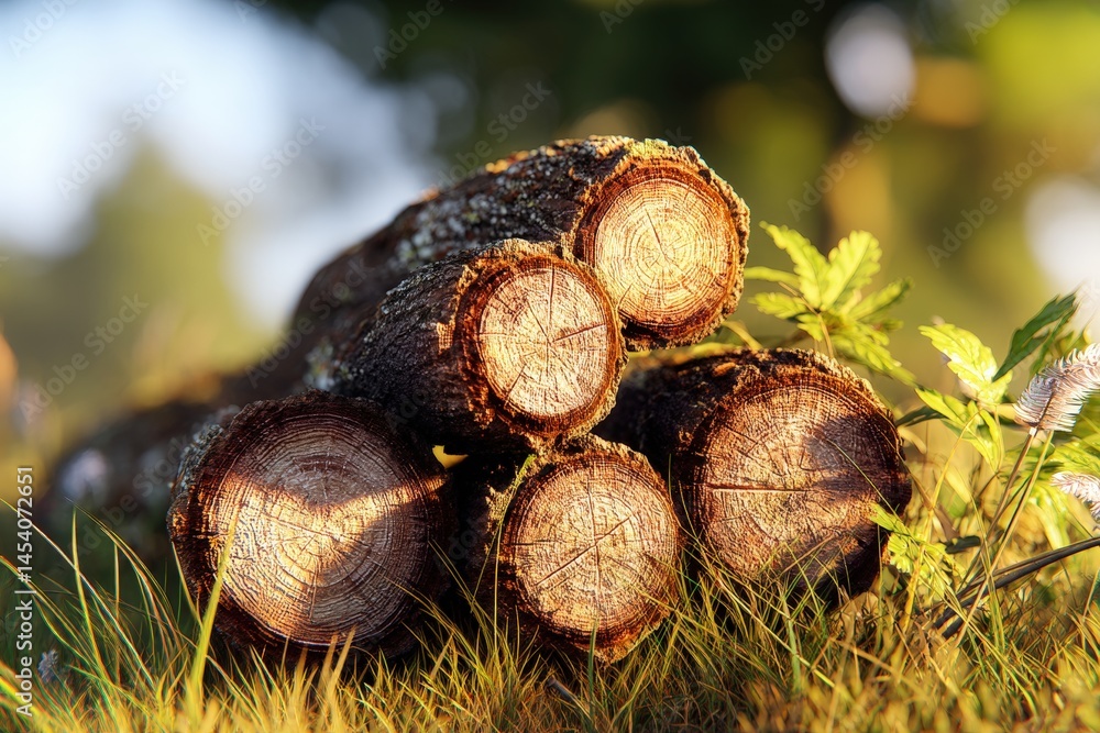 Poster stacked logs resting on grass with natural sunlight filtering through.