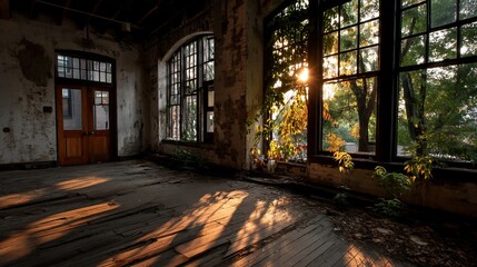 Fototapeta premium Sunbeams in Abandoned Classroom