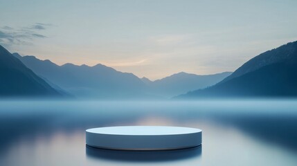 Serene Landscape with Calm Waters and Empty Round Platform at Dawn