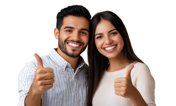  Photorealistic photograph of a smiling Hispanic couple pointing at their teeth with thumbs up, isolated on a transparent background