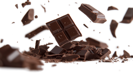 Milk chocolate pieces falling isolated on a white background