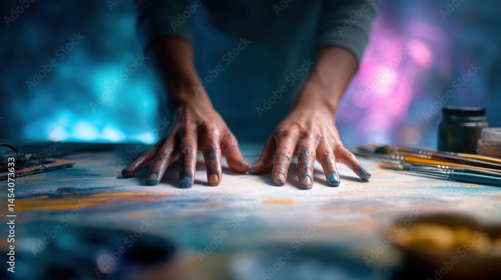 Poster paint-smeared hands hovering over canvas with creative tools spread around, artistic chaos on table