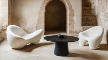 Modern, organic seating arrangement in a light-filled interior space.