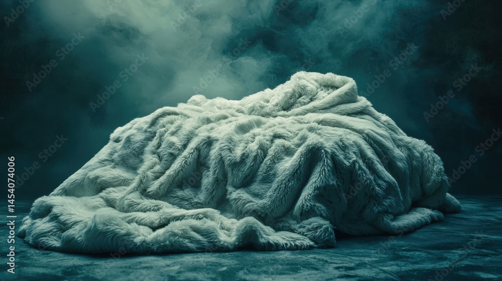 Aufkleber soft white blanket sits on dark surface shrouded in mist, creating a serene atmosphere in a moody se