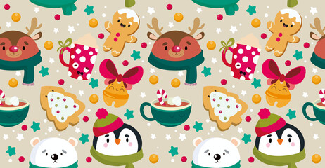 Fototapeta premium Christmas Pattern with Cute Animals, Gingerbread Cookies, and Hot Chocolate Mugs. Simple Vector Illustration in Cute Cartoon Design. Colorful.