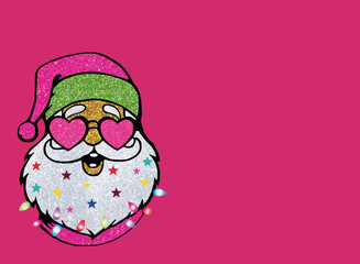 Pink Background with Glitter and Santa Claus in Heart-Shaped Sunglasses. Digital Art Style with Colorful Cartoon Aesthetic and Stars Around the Character.