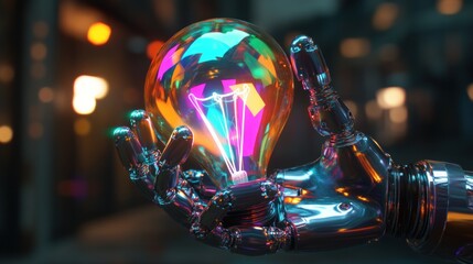 Futuristic robot hand holding a vibrant, glowing lightbulb