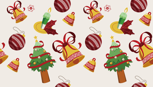 Christmas Bell, Tree, and Ball Pattern Background Vector Illustration with White Background.