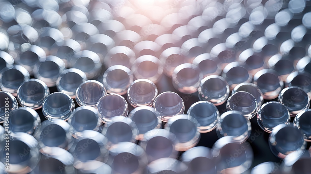 Poster array of glass spheres with soft pink light and shallow depth of